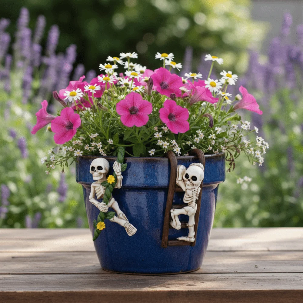 2PCS Resin Skeleton Pot Hugger Weatherproof Miniature Ornaments Ladder Skull Hanging Statue Scary Climbing Skeleton Statues
