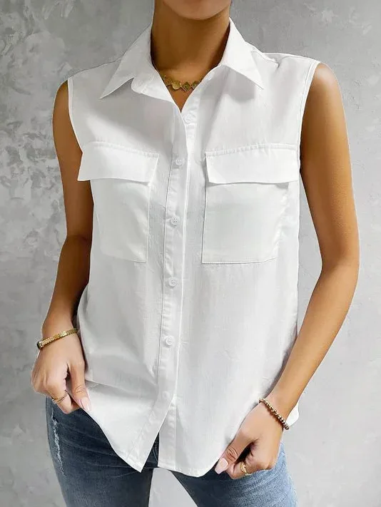 2023 Summer White Sleeveless Lapel Shirt Solid Color Pocket Office Lady Casual Elegant Shirts & Blouses For Women Fashion Tops