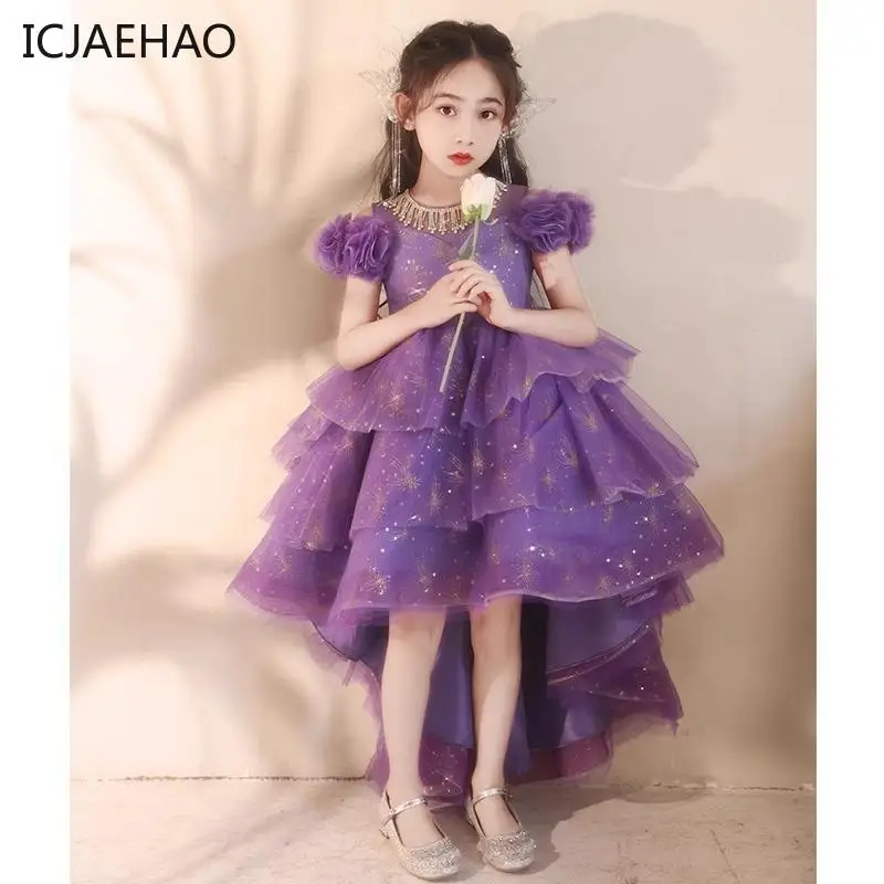 ICJAEHAO 2024 Purple Tailing Girl  Elegant Princes Dresses Luxury High Grade Clothing Tulle Layered Cake for Children Outfit