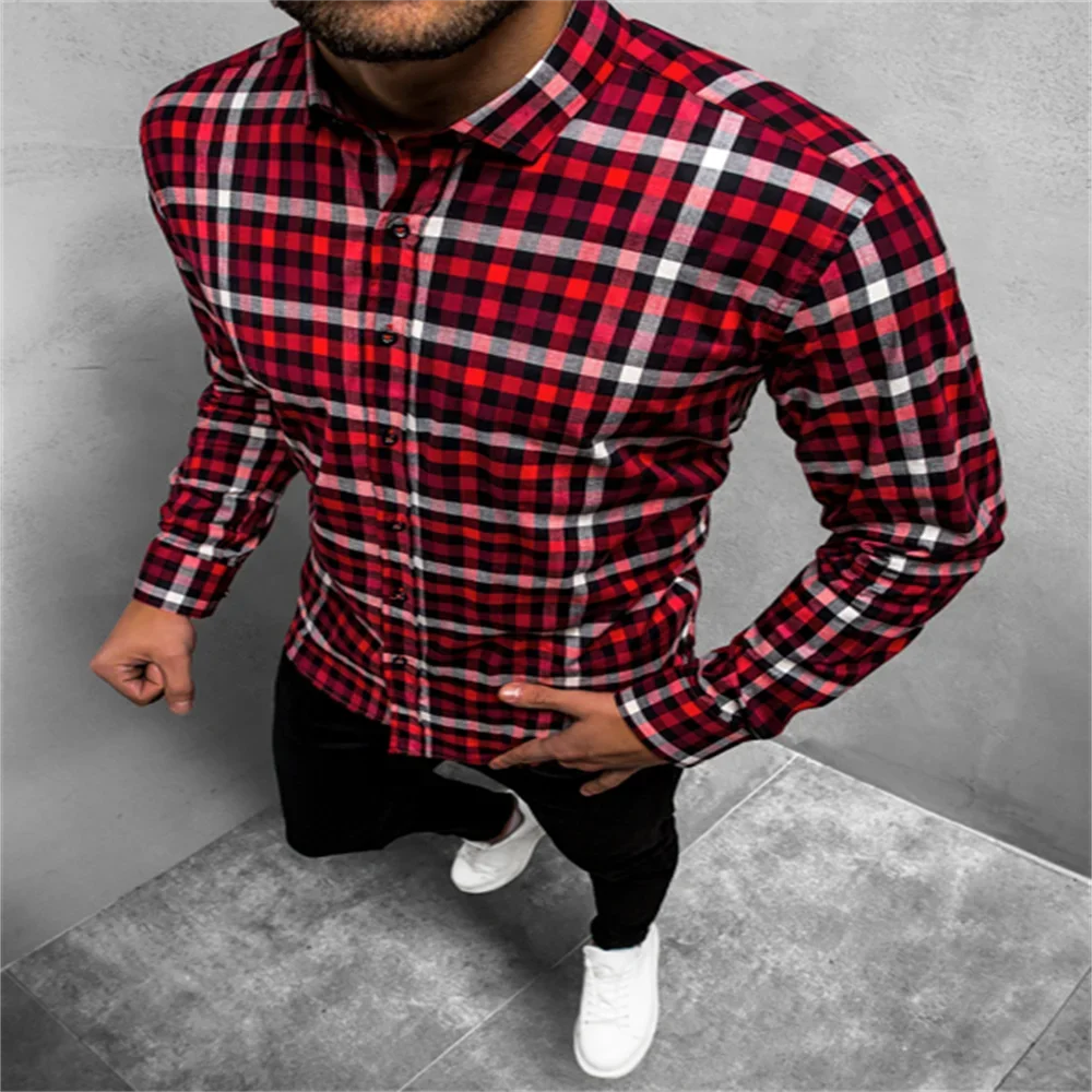 

2023 Men's Plaid Striped Lapel Long Sleeve Shirt Red Suit Button Casual Soft Comfortable Autumn and Winter New Style Hot Sale