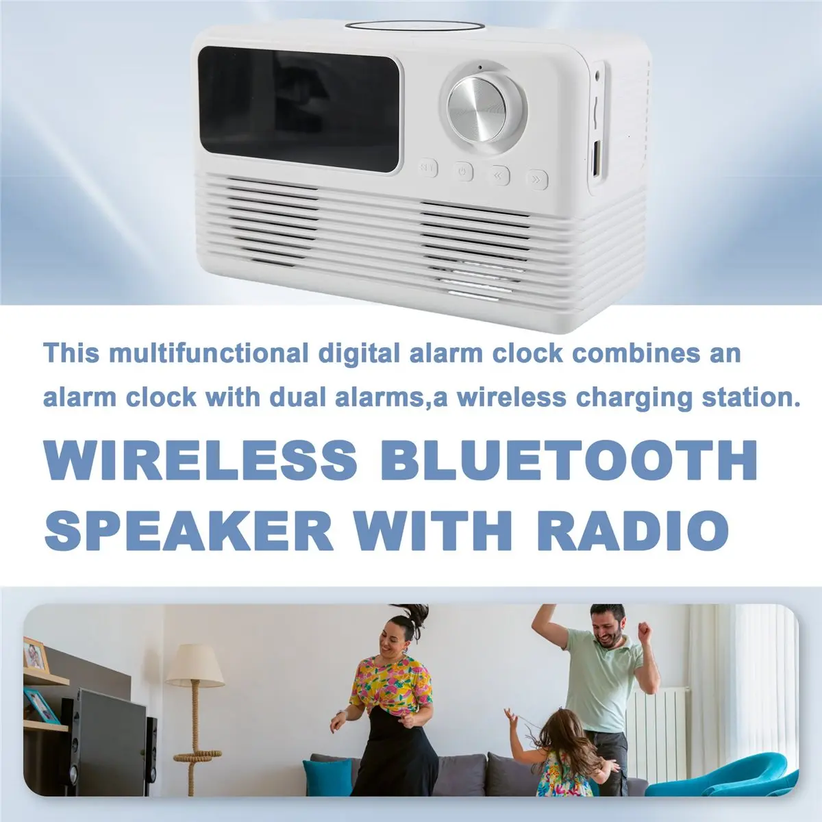 

(ABDH) Беспроводная Bluetooth-колонка мощностью 15 Вт с зарядным устройством и радиоприемником, беспроводная зарядная станция 4-в-1 с FM-радио для дома, белая