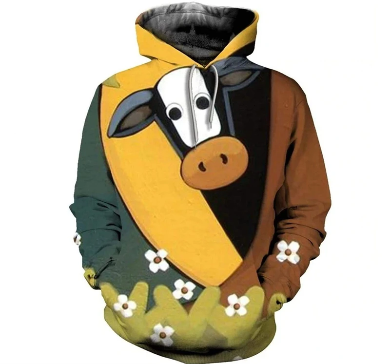 Animal Cow Pattern 3D Print Hoodie Men Fashion Long Sleeve Pullover Sweatshirts Street Hip Pop Oversized Hooded Autumn New Tops