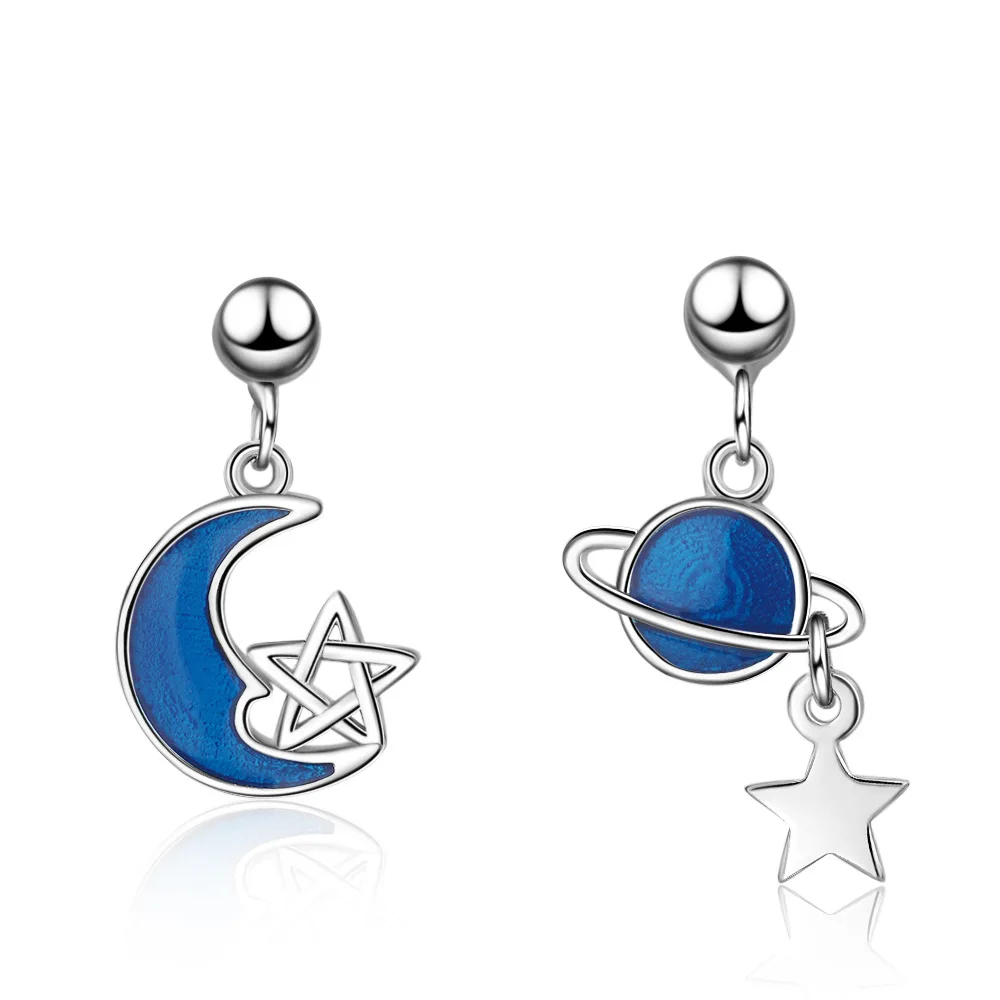 Kolczyki ze srebra próby 925 Niebieski wszechświat Planeta Księżyc Gwiazda Kolczyki sztyfty dla kobiet Prezent S-E899