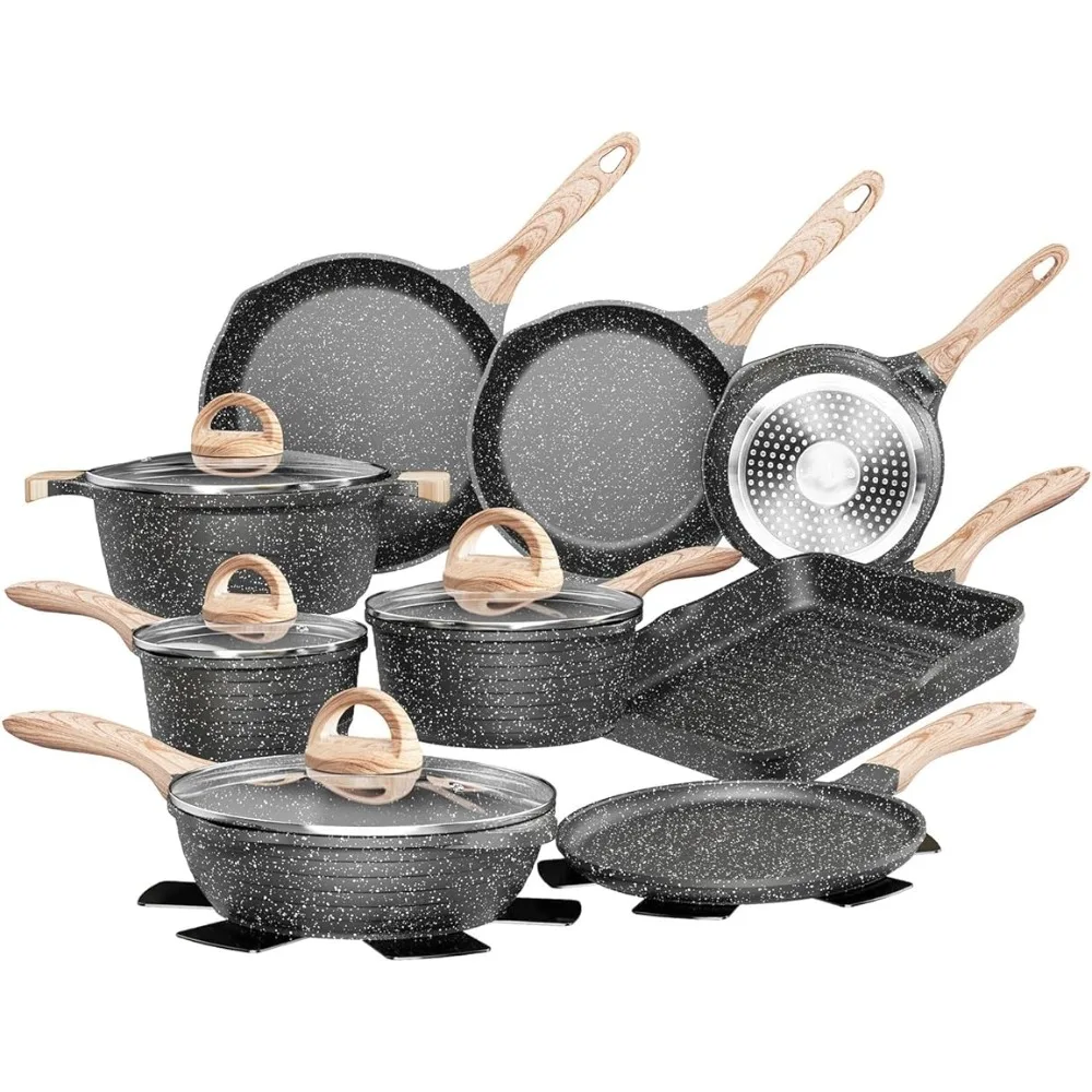 Kitchen Kit Griddle Pan & Crepe Pan Pot Set Induction Cooking Set W/Gray Granite Stone Frying Pans Pots Sets for Cooking Dining