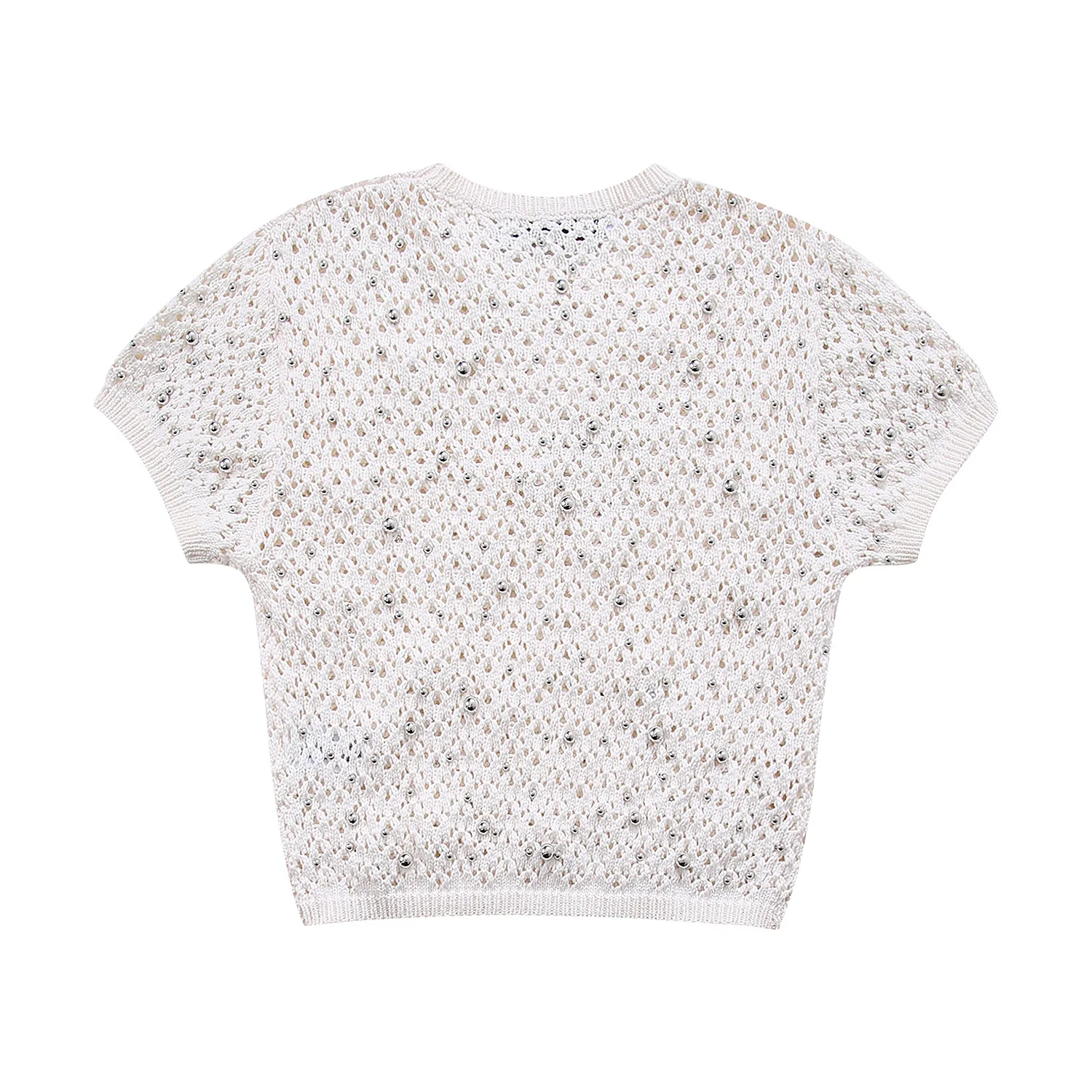 Chic Ladies Elegant Shiny Beads Summer Slim Fit White Sweater Girls Fashion Short Sleeve Casual Knitted Stretch Short Pullover