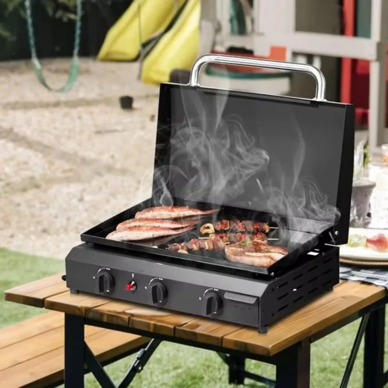 Burner for outdoor barbecue Flat top gas frying pan Cooking station 30,000 Propane fuel Ceramic coated cast iron pan