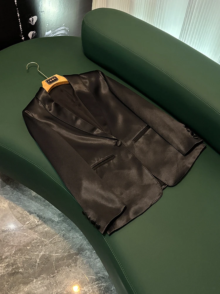 

Casual Sle Satin Surface Mid-Length Women's Jaet Bla Leisure Faion Acetate Material Spring Season Long Sve