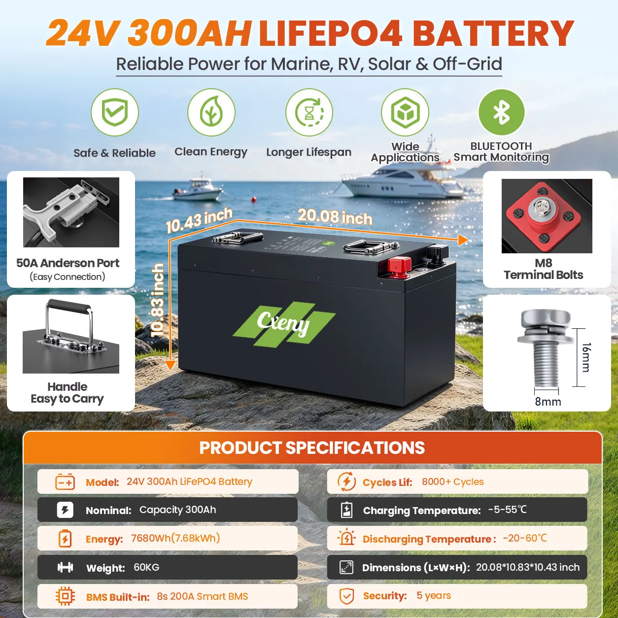 24V 300Ah LiFePO4 Lithium Battery 7680Wh with Bluetooth 200A Smart BMS Grade A Cells 8000+ Cycles 5 Year Warranty