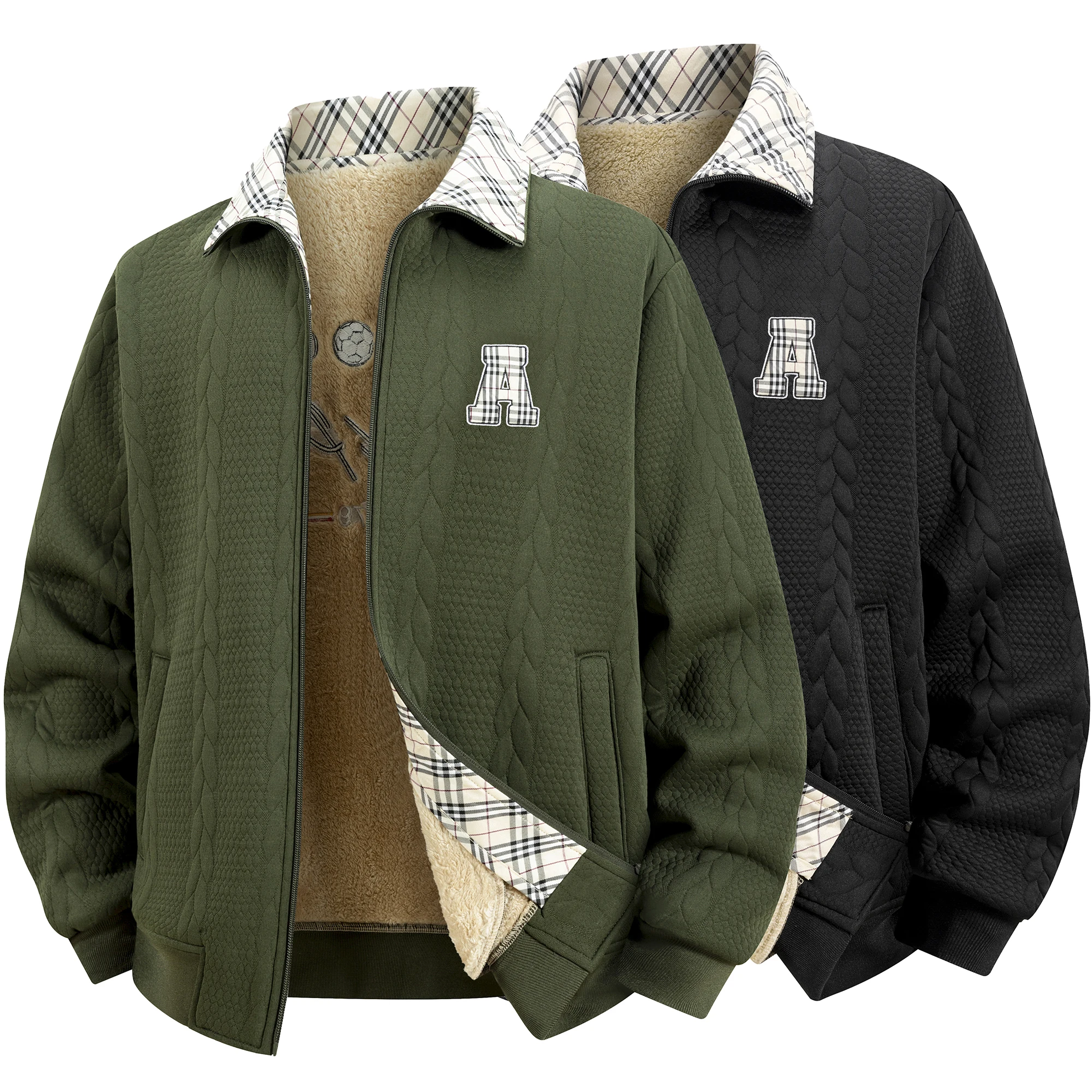 

Winter Men's Zipper Fleece Jacket Letter Embroidery Fashion Plaid Casual Loose Hoodie Oversized Sweatshirt Thick cardigan coat