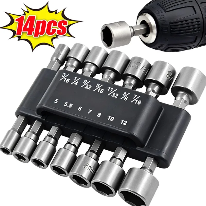 14/9PCS Hexagon Shank Sockets Sleeve Nut Driver Set Heavy Duty Impact Socket Adapter For Drill Bits Wrenches Power Hand Tools