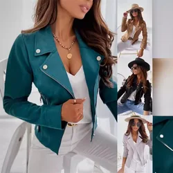 High quality 2024 women's slim fit flip collar zipper suede short jacket with personalized elegant button leather jacket bomber