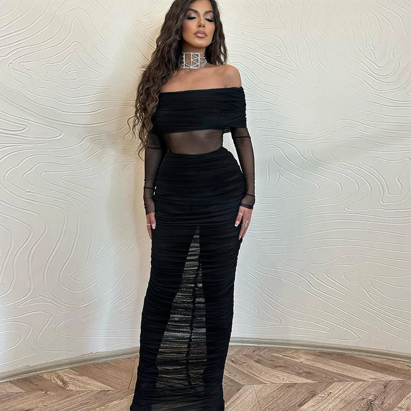 Y2K Dresses for Women Sexy Black Robe Long Sleeved Perspective Gown Fashion Streetwear Summer Outfit Female Clothing Vestido