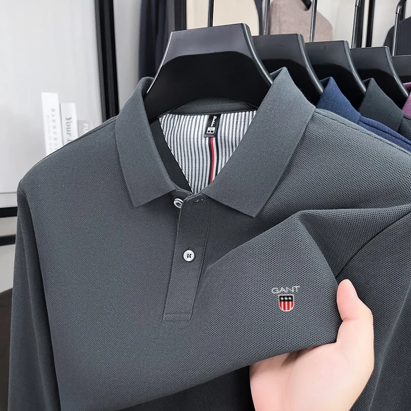 

100% Pure Cotton men Long Sleeved Spring Autumn Boutique Golf business Casual Polo Shirt original Embroidery Design T-shirt