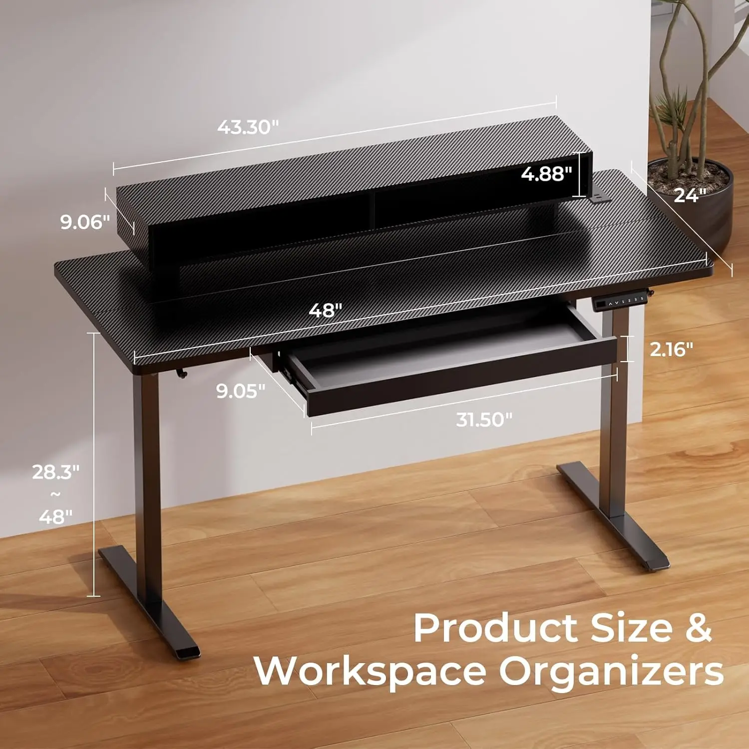 Electric Standing Desk with Drawers, 48 x 24 Inch Height Adjustable Gaming Desk with Monitor Stand, Power Outlets & LED