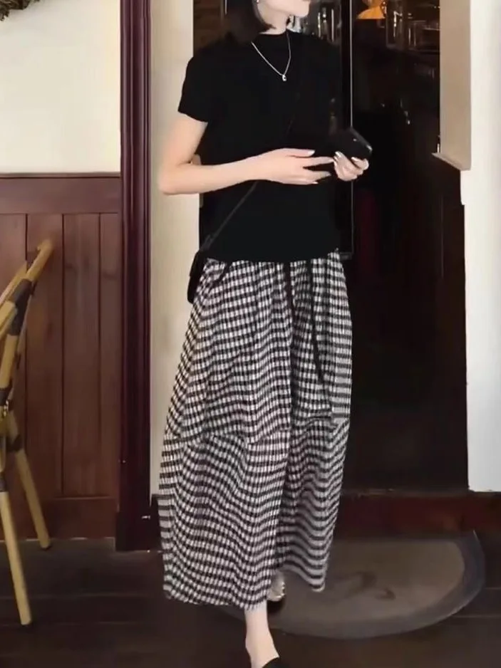 Elegant Plaid  Skirt Women's Summer New Elastic Waist Drawstring Bloomer Skirt High Waist A-Line Long Skirt Korean Style