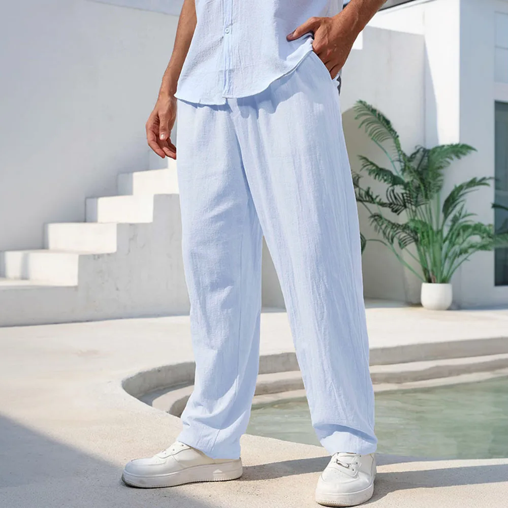 Baumwoll-Leinen-Hose für Herren, gerades Bein, leichte, atmungsaktive Strand-Stil-Hose, einfarbig, lässig, gemütlich, männliche Jogginghose – Detail 11