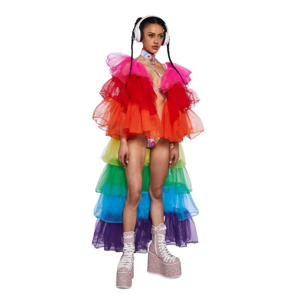 

Chic Rainbow Jacket Blouse Pleated Ruffle Tulle Shirts Women 2025 Tiered Long Sleeves Coats High Low Top Girls Party Tops