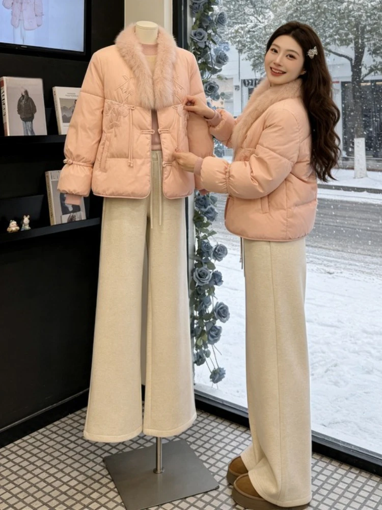 

Pink Embroidered Cotton Jaet Winter Warm Bread Sle Chinese National Sle Button Faionable Commute Long Sve ort Coat