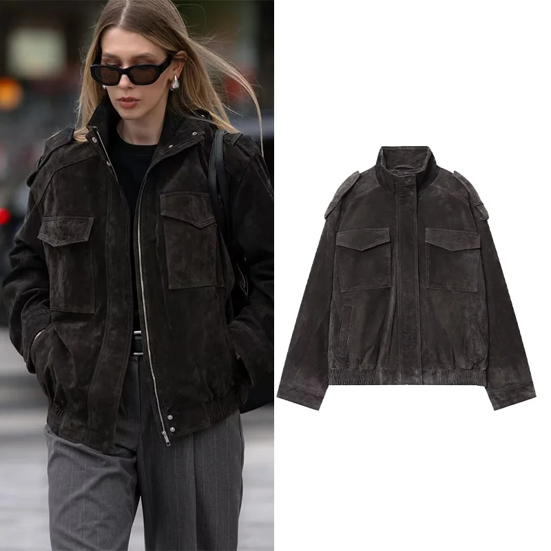 

NERHEFZ Women Suede Jacket Autumn Fashion Loose Lapel Zipper Long Sleeve Lady Coat Vintage High Street Female Chic Tops