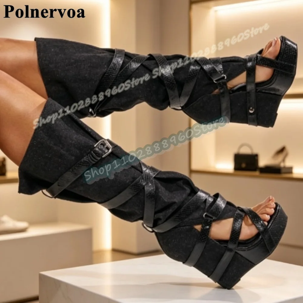 

Knee High Black Plus Size Platform Sandal Boots Wedges Heel Shoes For Women Buckle Strap Open Toe Casual Party 2026 Women Shoes