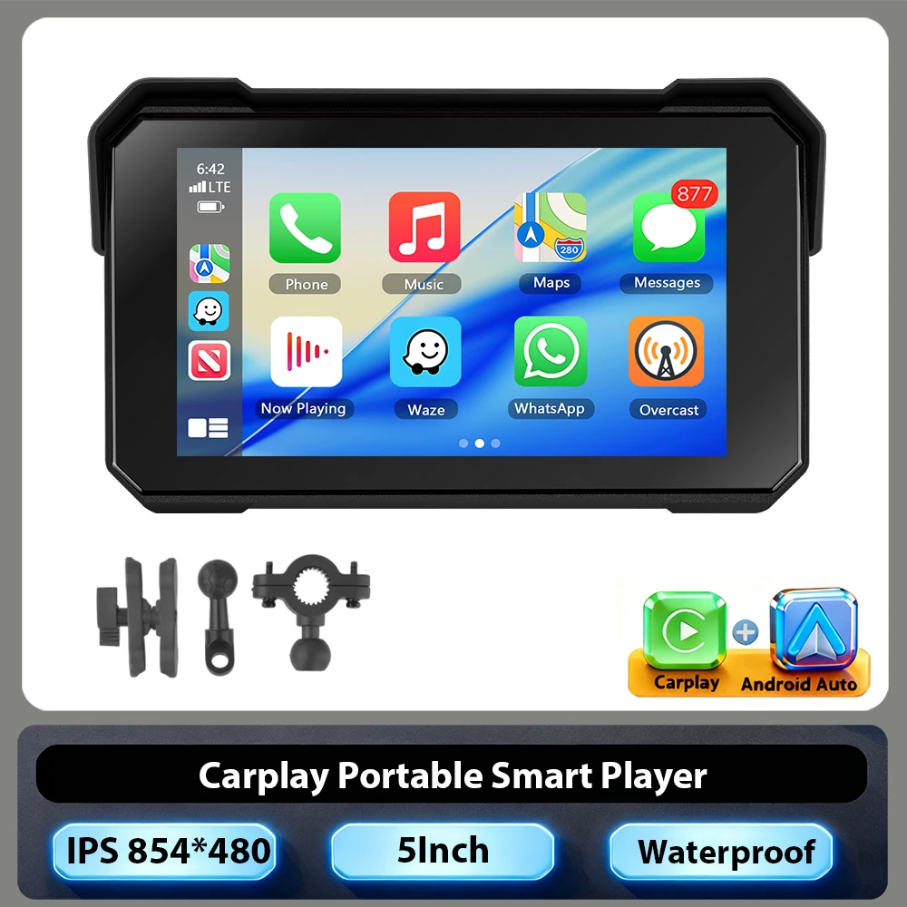 Podofo 5-Zoll HD-Bildschirm Motorrad-GPS-Navigation Tragbarer Smart Player Kabelloses Carplay Android Auto Display-Player Unterstützt Wasserdichten Moto-Monitor
