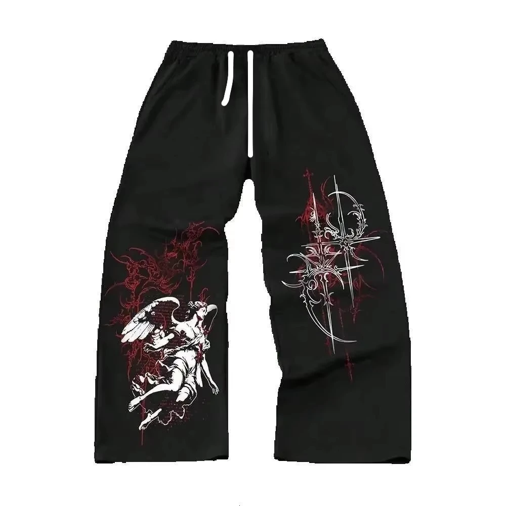 2026 Herren Gothic Vertikale Grafik Weite Jogginghose mit Kordelzug, Locker Gerade Baggy Y2K Dark Punk Streetwear Hose. – Detail 5