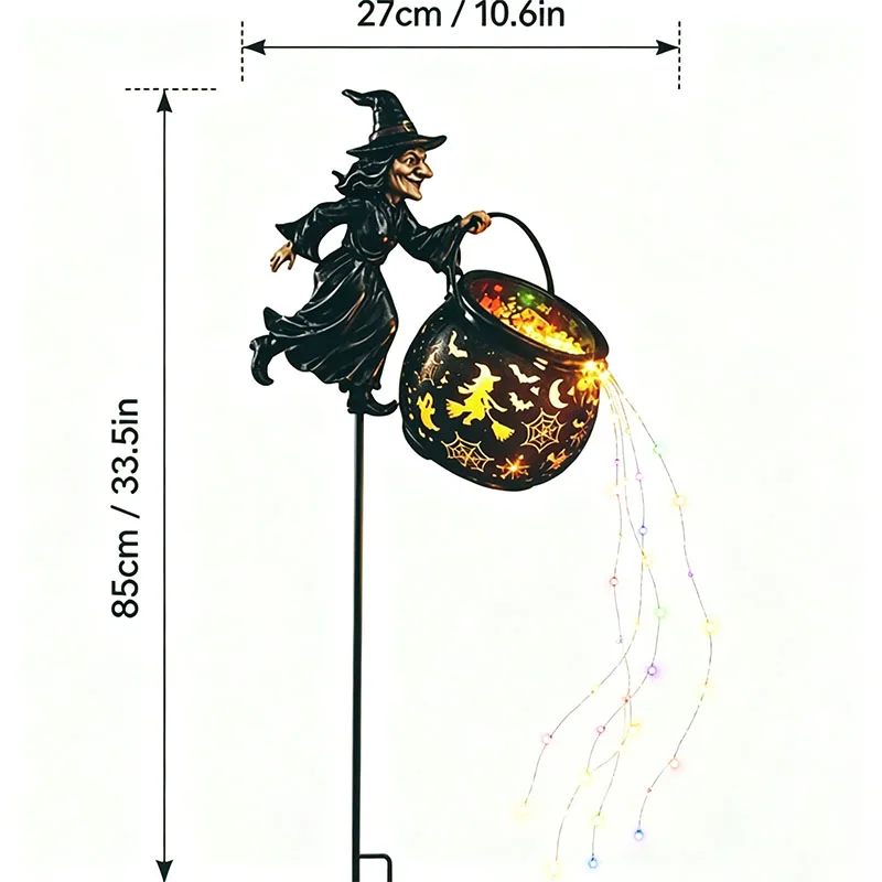 Halloween Outdoor Witch Cauldron Garden Light Flying Witch Garden Stake with Lights Decoration for Yard Lawn Party