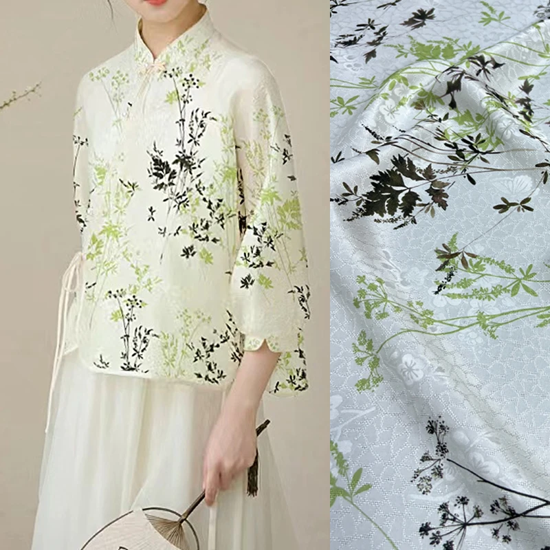 

Jacquard Silk Fabric -114CM Wide-22MM-Perfect for Summer Spring Shirt Dress Cheongsam Green Plants Print Silk Fabric D1446