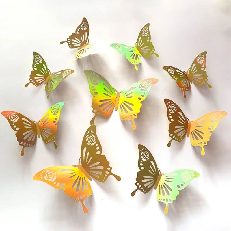 12 Sheets Golden Hollow Butterfly Wall Stickers 3D Three-dimensional Wall Background Decor Stickers Festival Wedding Arrangement