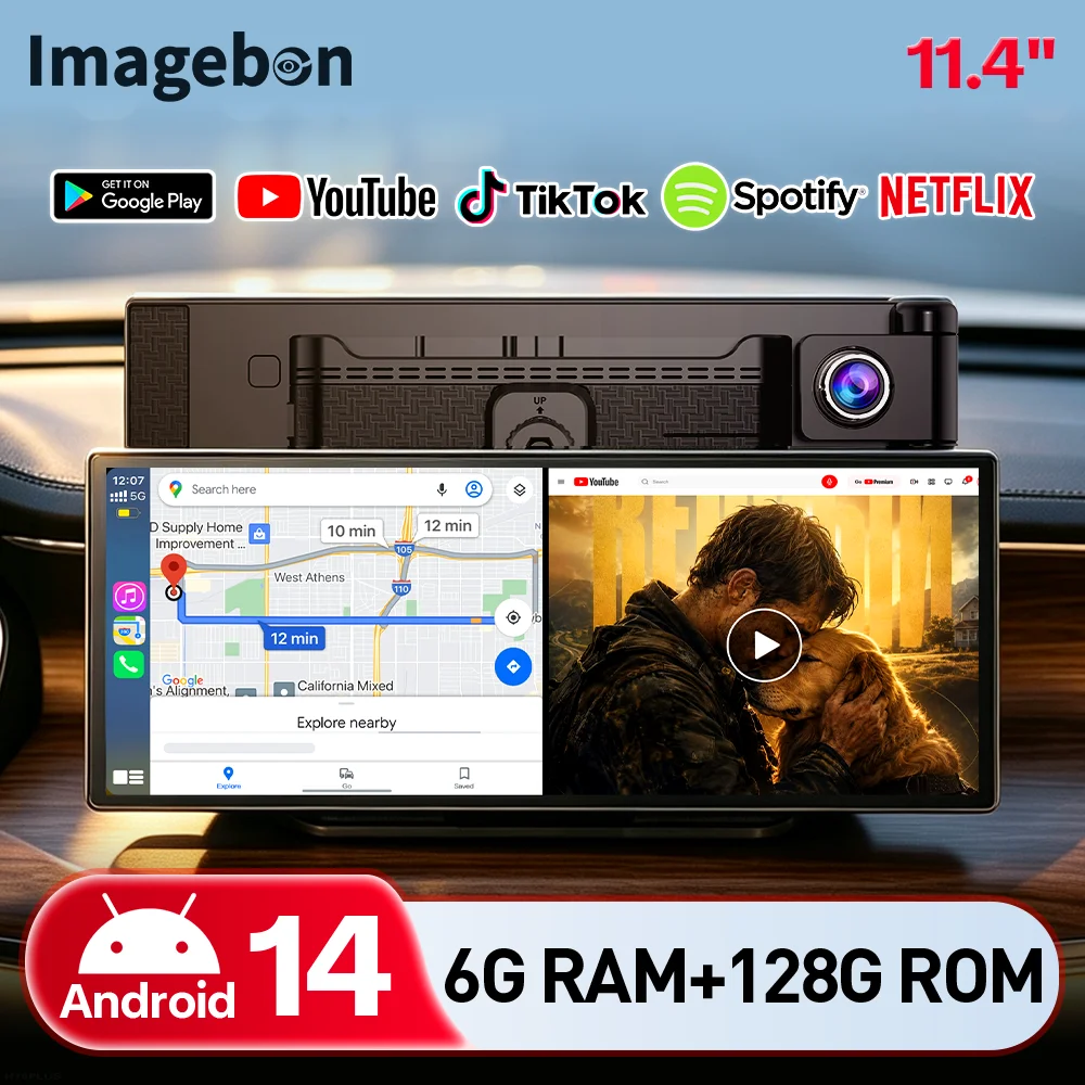 Imagebon 11,4" Android 14 Kamera samochodowa 6G+128G 8-rdzeniowy procesor Bezprzewodowy CarPlay & Android Auto Podzielony ekran Google Play Youtube Nawigacja GPS Rejestrator jazdy