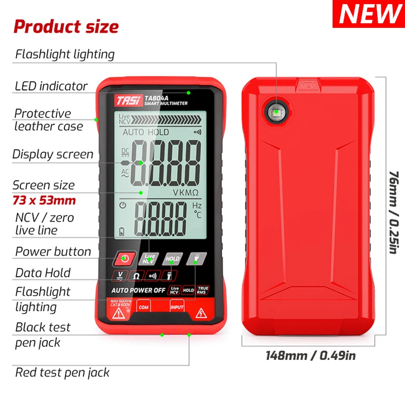 TASI Digital Multimeter TA804A Automatic DIGITAL Multimeter, HD Color Display, Ultrathin, Smart, OHM, NCV, AD/DC Voltage Meter