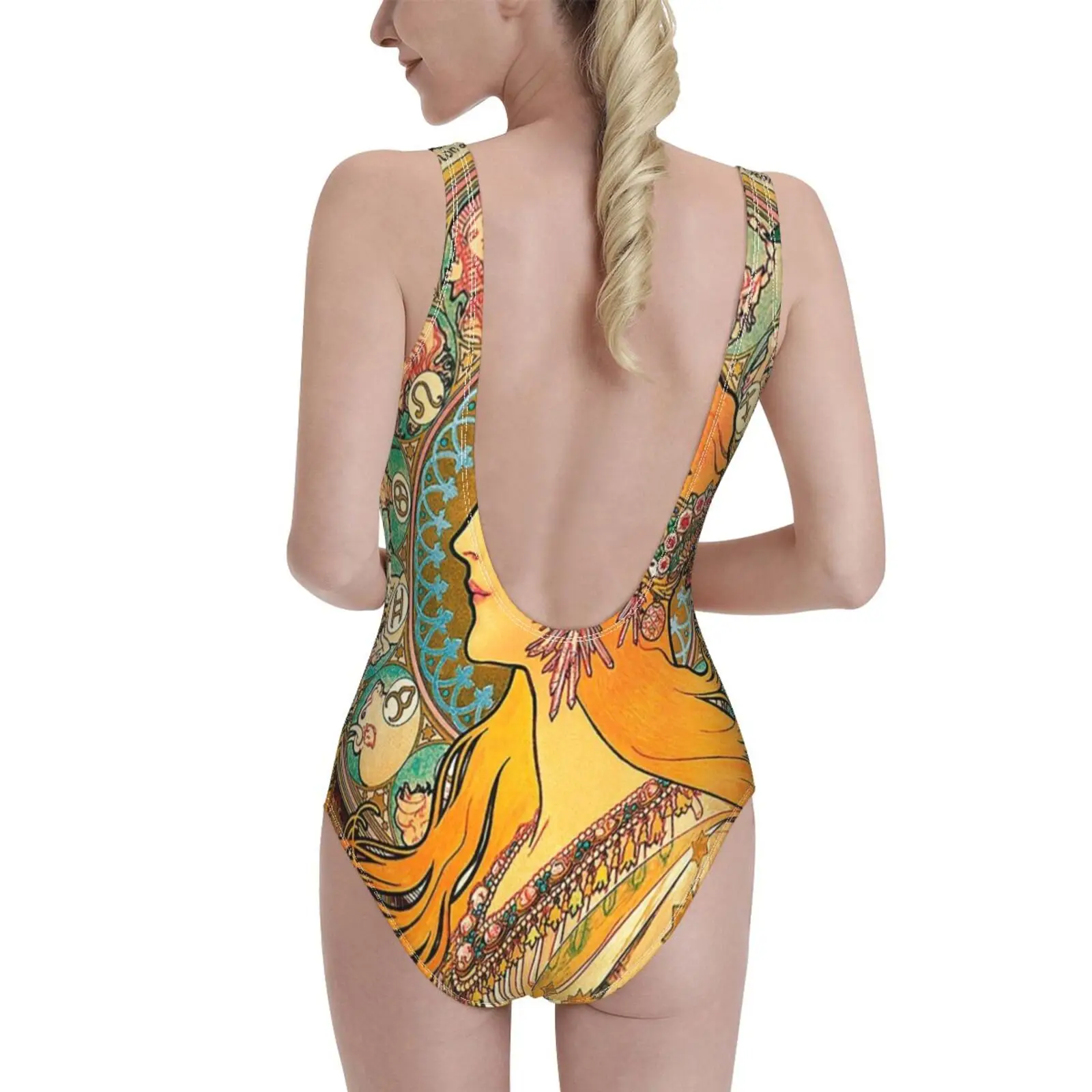 Hd. Zodiac ( Second Version ) , By Alphonse Mucha ( 1896 ) Women Swimsuit One Piece Backless Swimwear Sexy Beach Wear Summer