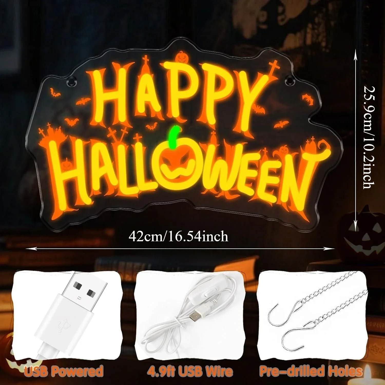 Happy Halloween Neon Sign, USB Powered LED Neon Light, Halloween Party Gaming Room Bedroom Bar Decoration Gift Night Light
