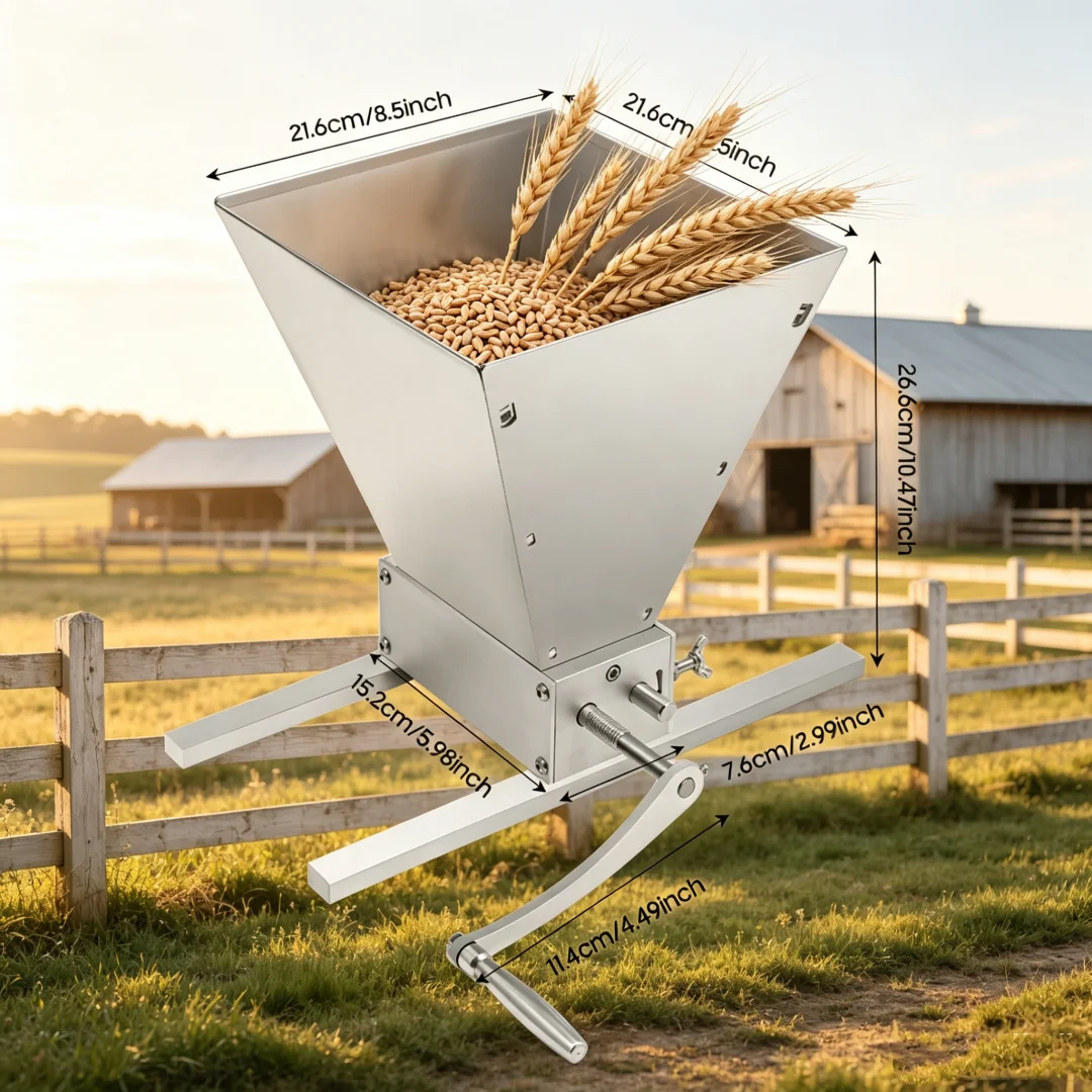 Moulin à orge traditionnel à manivelle – Trémie de 4 L avec rouleaux réglables (0-2,5 mm), idéal pour la fabrication de bière artisanale et la production de farine de céréales fraîches