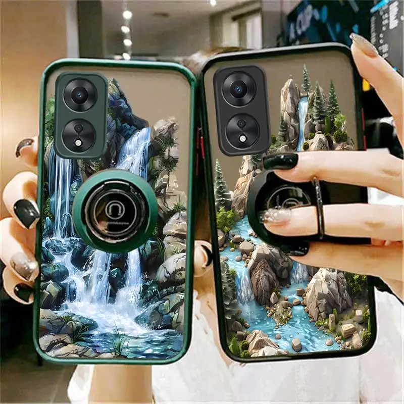 A78 Mountain Cascade Skin-feel Ring Phone Case For OPPO A 60 59 58 57 55 54 53 52 36 32 31 17 16 15 9 8 5 3S 2M A1 Pro Cover