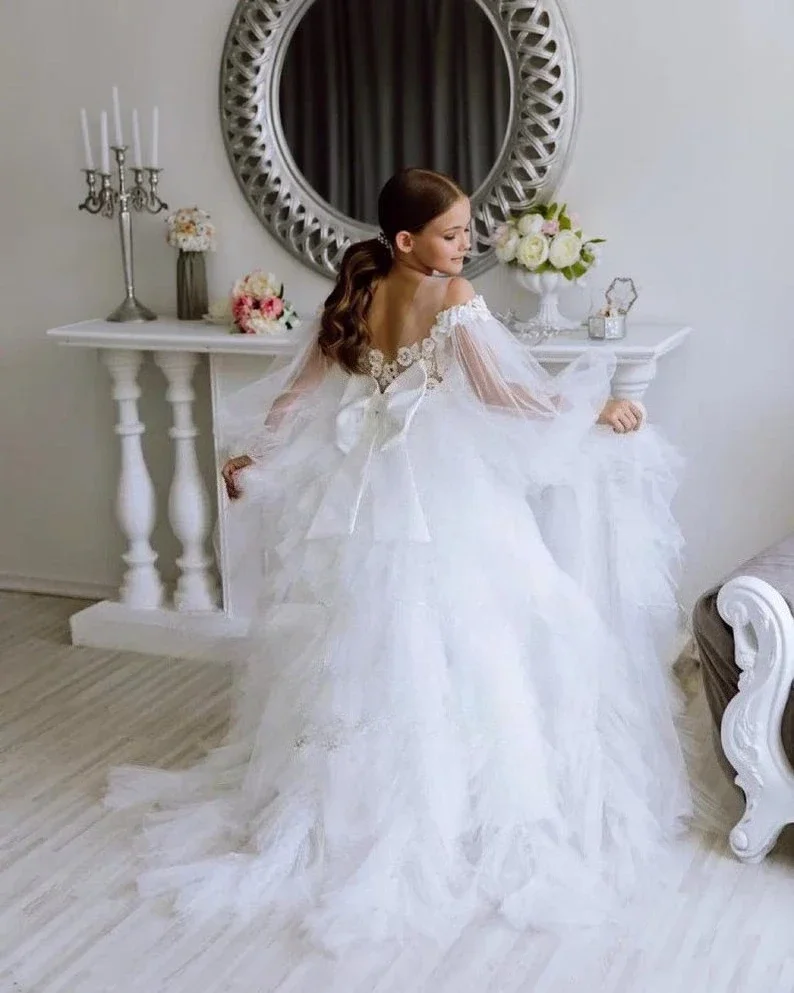 Кружевное атласное платье с цветочным узором для маленьких девочек, белое детское платье для святого причастия на свадьбу, длинные пышные платья для девочек, платья принцессы