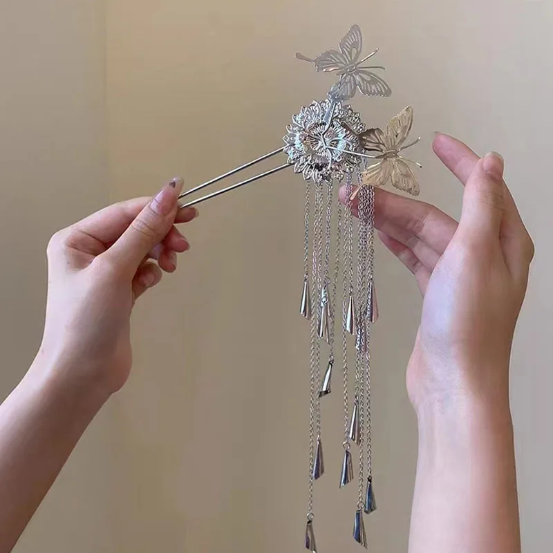 Horquillas de estilo antiguo, borlas plateadas, sombreros Hanfu, horquillas de estilo chino, accesorios para el cabello y sombreros de mujer