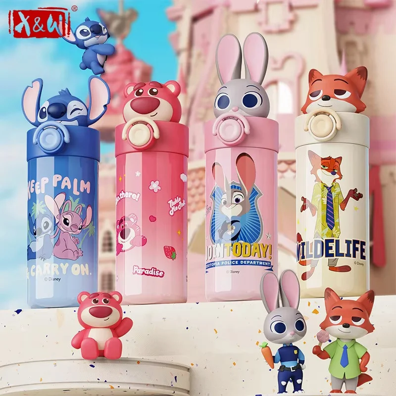X&W para Disney, Taza Térmica de Acero Inoxidable con Tapa Elástica, Taza Aislada de Stitch y Lotso, Taza de Café con Pajita, Taza Portátil Bonita para Coche