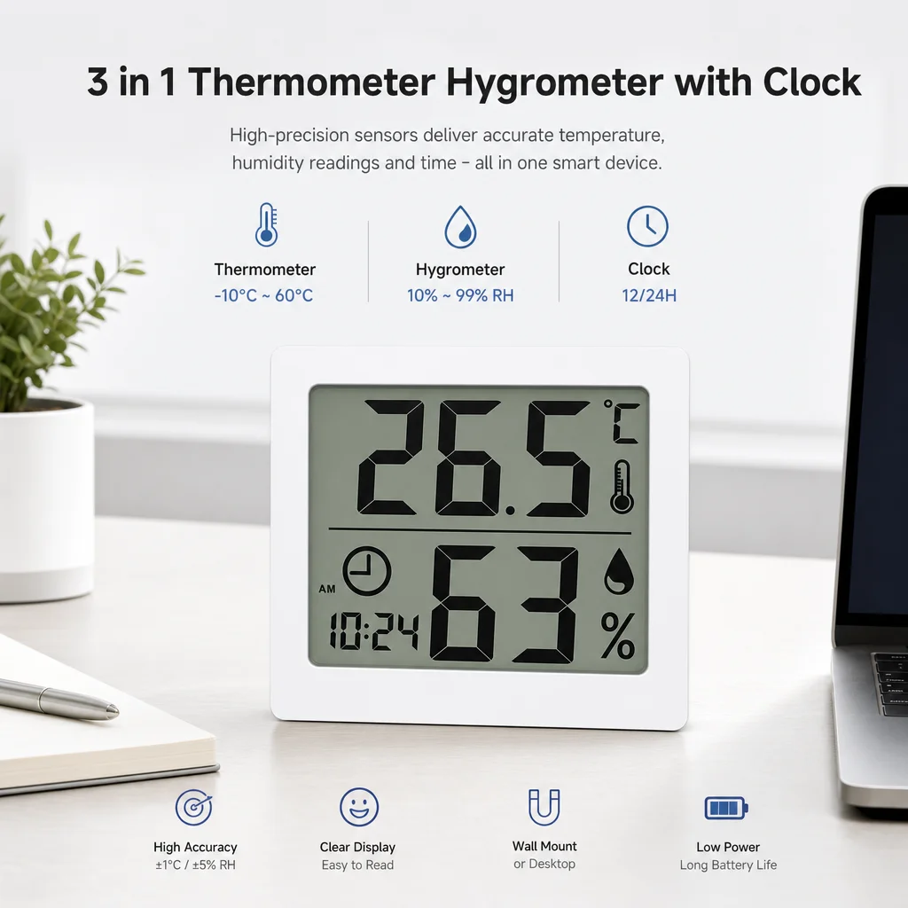 Large Thermometer Indoor Temperature Humidity Sensor with Clock Ultra-Thin 12.8mm Magnetic Wall Mount/Stand/Stick Home Appliance