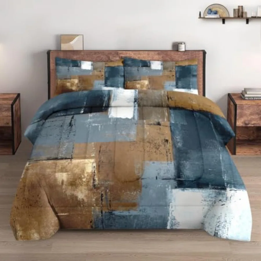 

Size Comforter Set with 2 Pillowcases, Grey Brown Painting 3 Pcs Bedding for and Adults, Beige Contemporary Soft Comforter Set