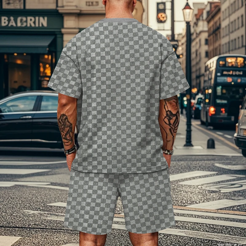 2024 New For Man Summer Jacquard PJlaid Short Sleeve T-shirt Fashion Sports Set Breathable T-shirt + Shorts Sports Two-piece Set