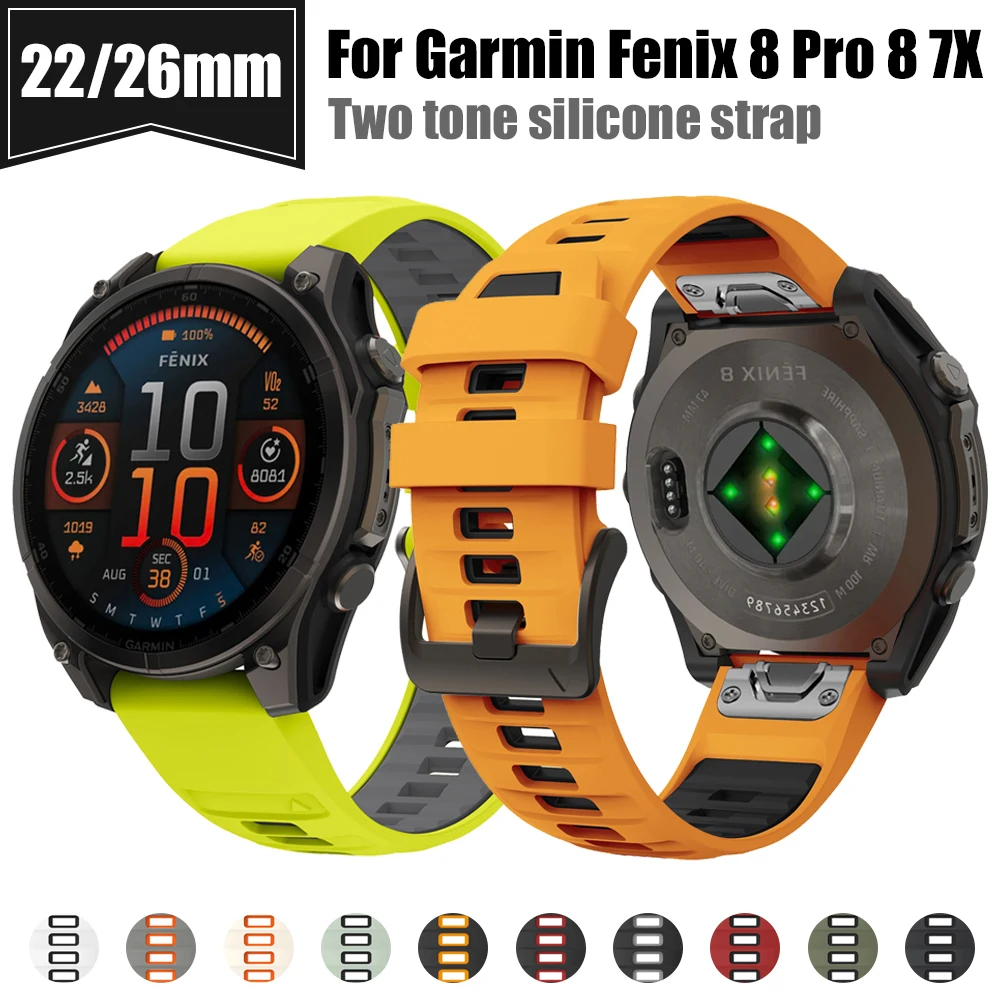 QuickFit 22/26 mm zweifarbiges Silikonarmband für Garmin Fenix 8 Pro 8 7X/Tactix 8 7/Instinct 3 2X/Forerunner 970 965 Uhrenarmband