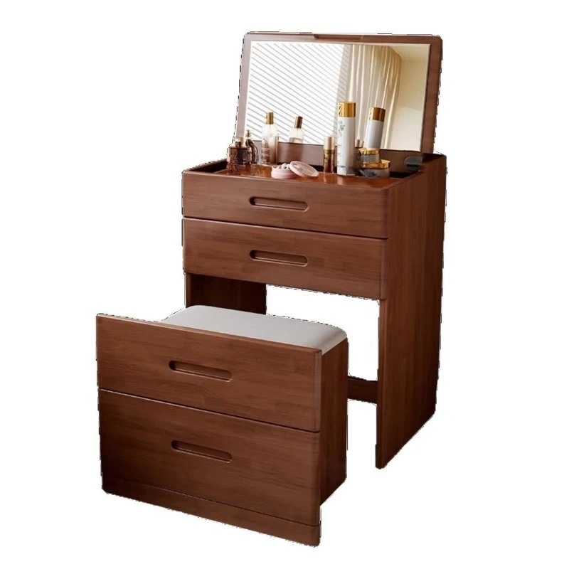 Nordic style solid wood bedroom dressing table with integrated bedside table and clamshell dressing table