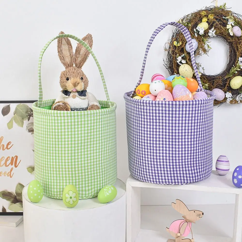 

Long Handle Easter Plaid Baskets Large Capacity Portable Easter Egg Hunt Bucket Multi-functional Reusable Carrying Gift Handbag