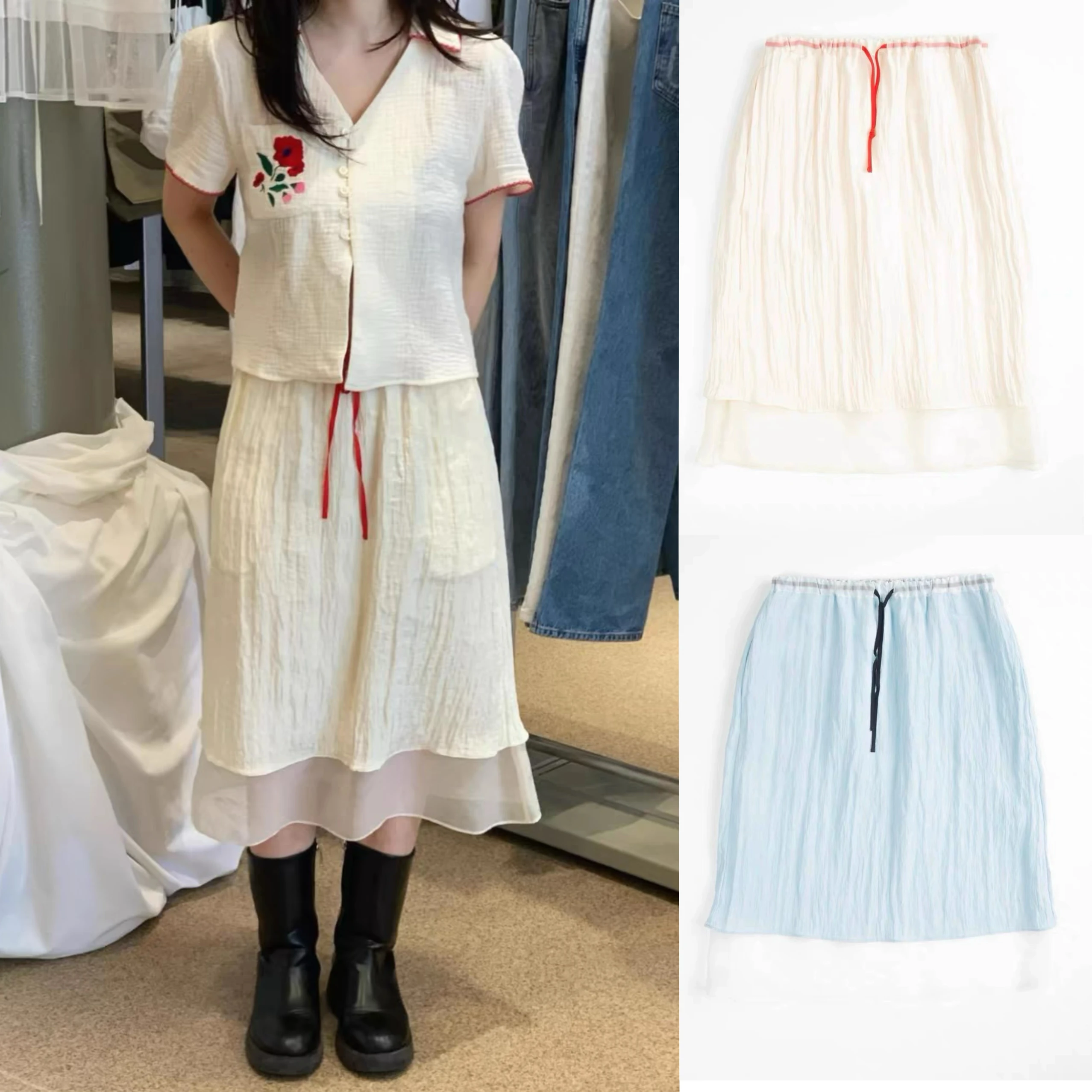 

Korean Sle Dstring Double Layer Pleated Midi Skirt Simple Match All round f Body Skirt Gauze Skirt for Young Women
