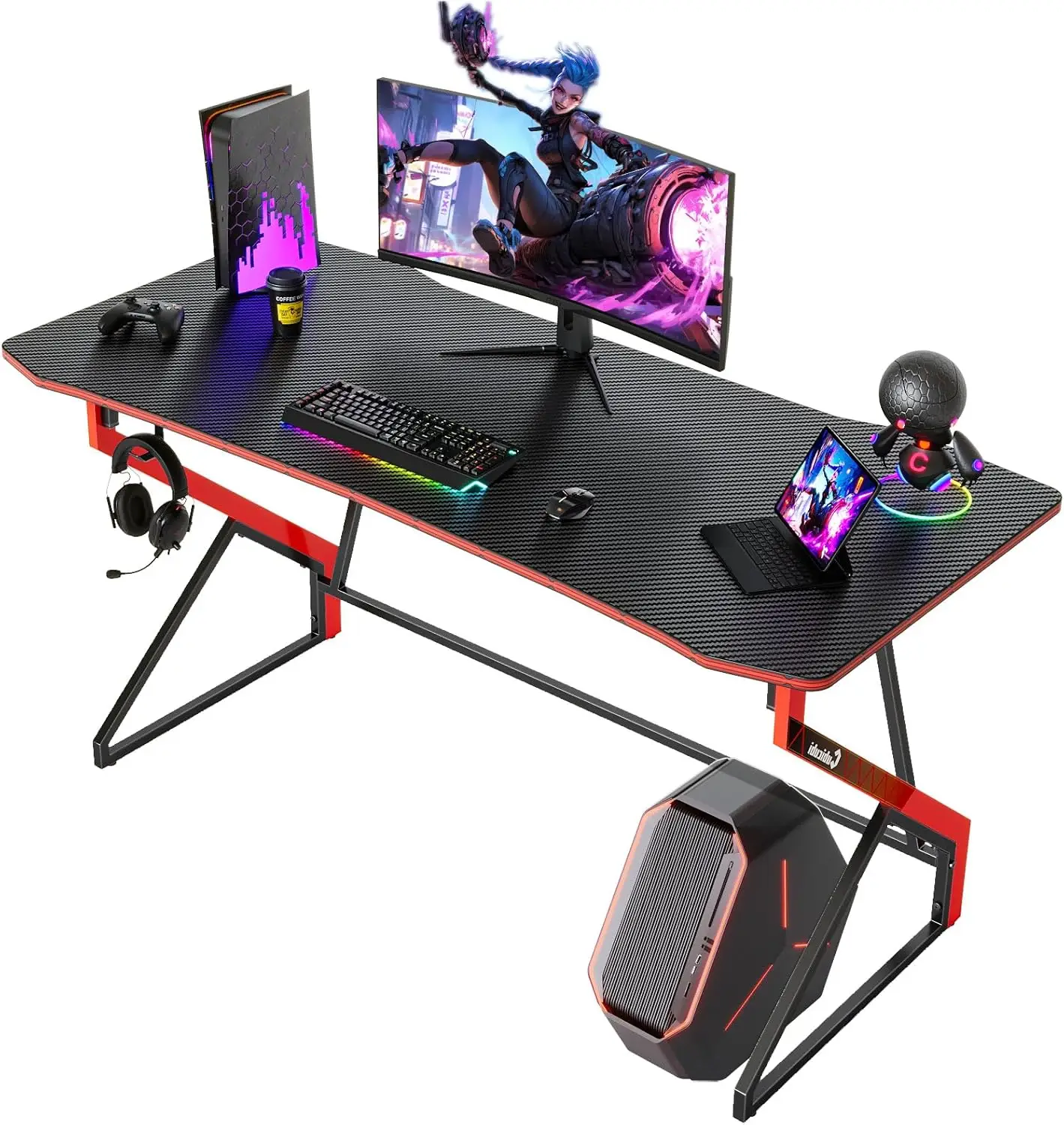 CubiCubi Simple Gaming Desk Z Shaped 55 inch Gamer Workstation, Home Computer Carbon Fiber Surface Gaming Desk PC Table with