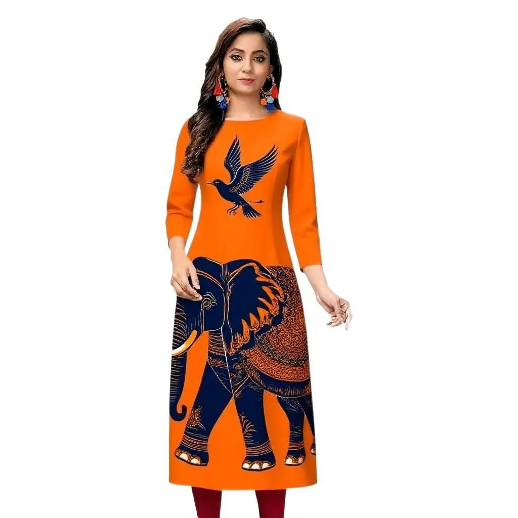 Vestido kurt feminino elegante e elegante de manga comprida tubo reto casual em torno do pescoço cor padrão de elefante.