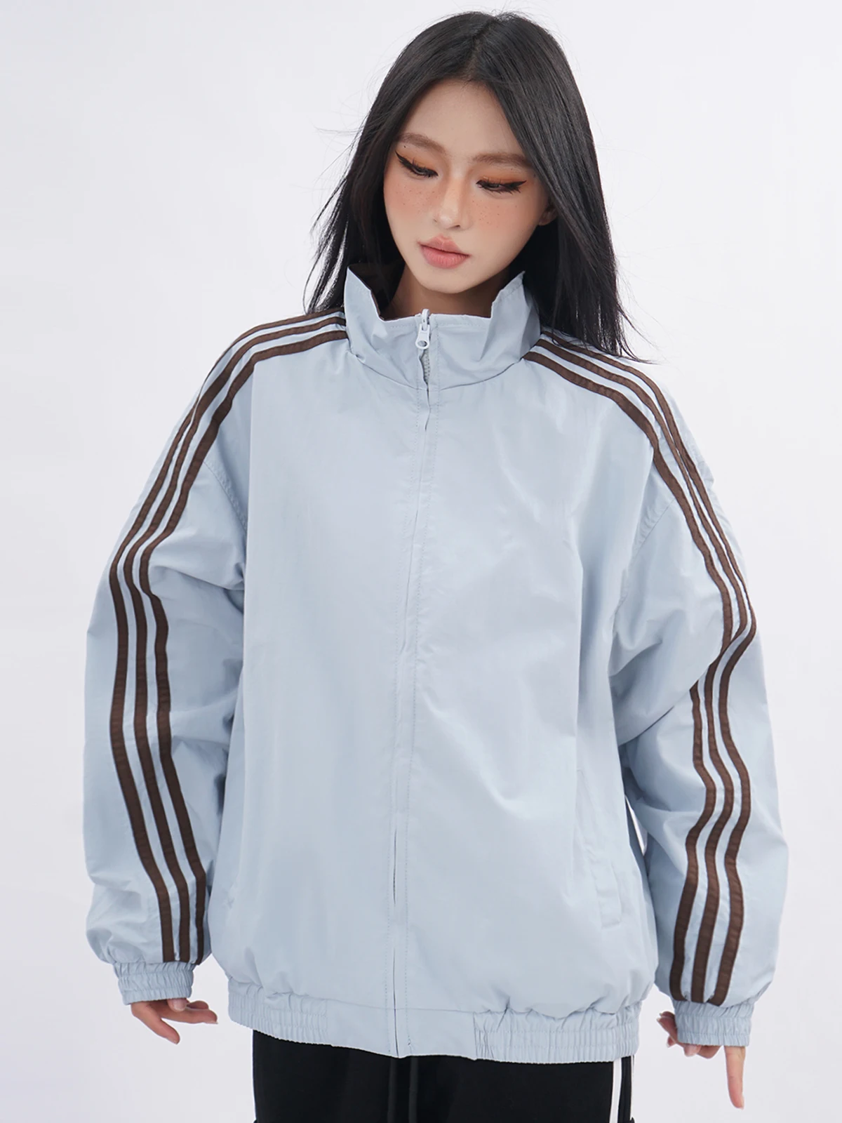 

Blue Zipper Tee Bars Stand Collar Jaet Women's Loose Spor Casual Two-Way Wear ort Pilot Jaet Autumn Winter Cotton