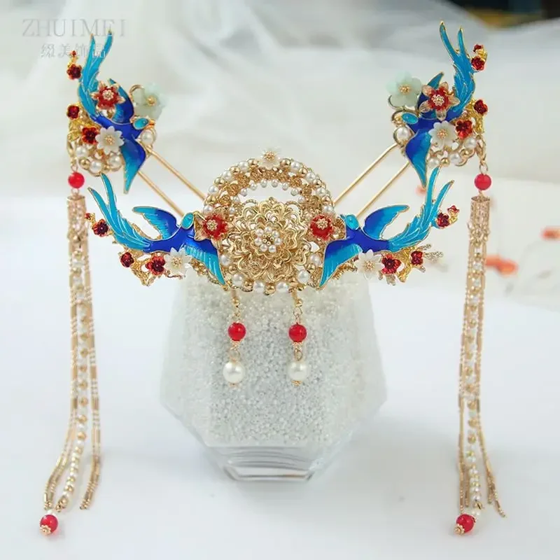 Ancient Style Women's Blue Phoenix Beaded Tassel Hair Crown Hairpin Hanfu Headwear