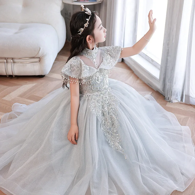 Luxurious Sequins Embroidery Girls Dress for Party Wedding Formal Children Princess Pageant Gown Beading Kids Dresses clothing